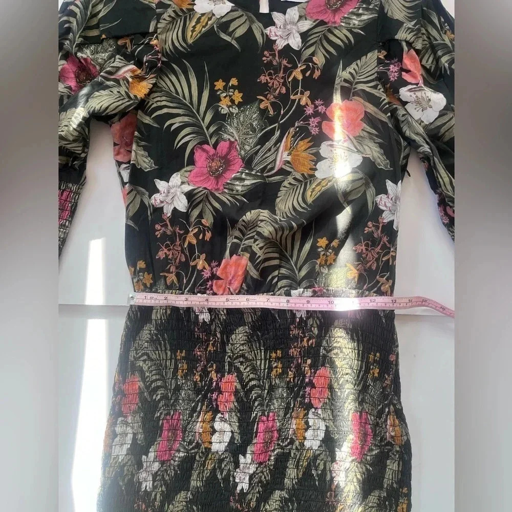 Rebecc Minkoff Black Floral Print Puff Sleeve Smocked Geneva Mini Size S - Picture 4 of 11